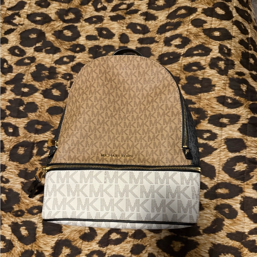 Michael Kors Rhea Medium Color-Block Signature Logo Tan and White  Backpack